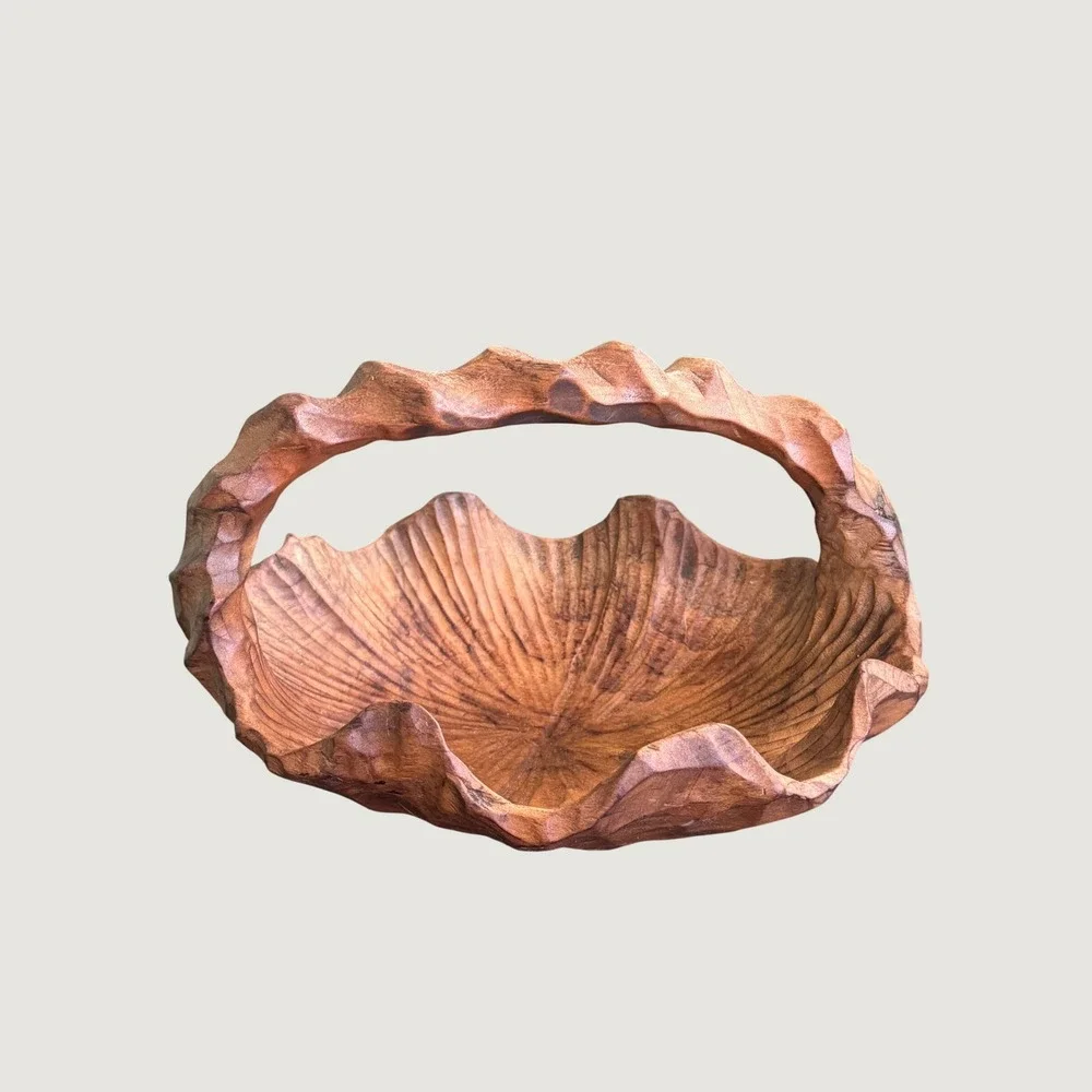 Hand Carved Live Edge Wood Basket Decorative Fruit Bowl with Handle Rustic Boho